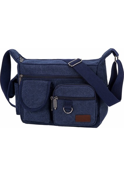 Çok Cepli Kanvas Erkek Omuz Çantası Moda Büyük Kapasiteli Alet Rahat Messenger Mavi (Yurt Dışından)