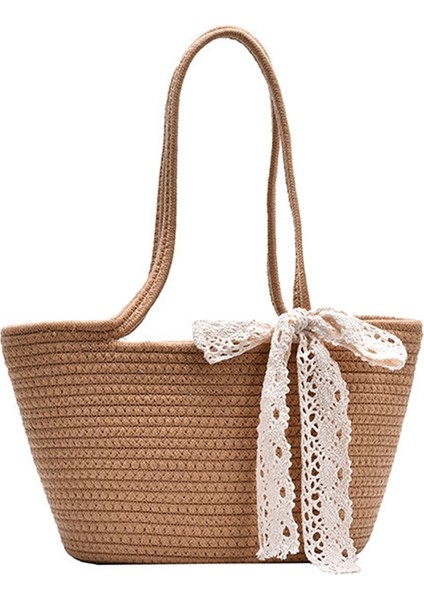 Kadın Hasır Çanta Eşarp Vahşi Dokuma Çanta Rattan Omuz Çantaları Tatil Plaj Kova Paketleri Çanta (Kahverengi) (Yurt Dışından)