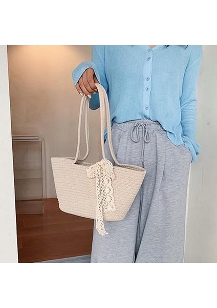 Kadın Hasır Çanta Eşarp Vahşi Dokuma Çanta Rattan Omuz Çantaları Tatil Plaj Kova Paketleri Çanta (Kahverengi) (Yurt Dışından) modelleri