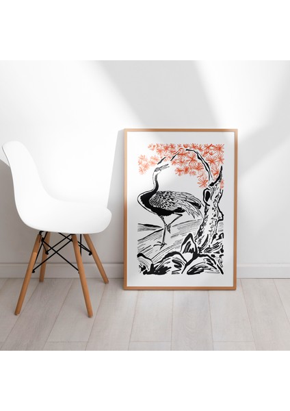 Modern Japon Sanatı Kuş ve Çiçekler Lamine Çerçeveli A3 Tablo