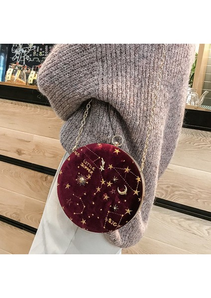 Yıldızlı Dairesel Moda Süet Omuz Çantası Zincir Kemer Kadın Crossbody Messenger Çanta Bayan Çanta Kadın Yuvarlak Çanta Şarap Kırmızı (Yurt Dışından) modelleri
