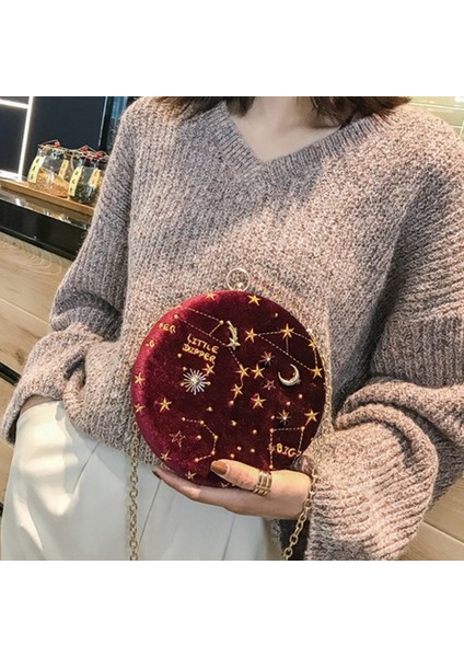 Yıldızlı Dairesel Moda Süet Omuz Çantası Zincir Kemer Kadın Crossbody Messenger Çanta Bayan Çanta Kadın Yuvarlak Çanta Şarap Kırmızı (Yurt Dışından) fırsatları