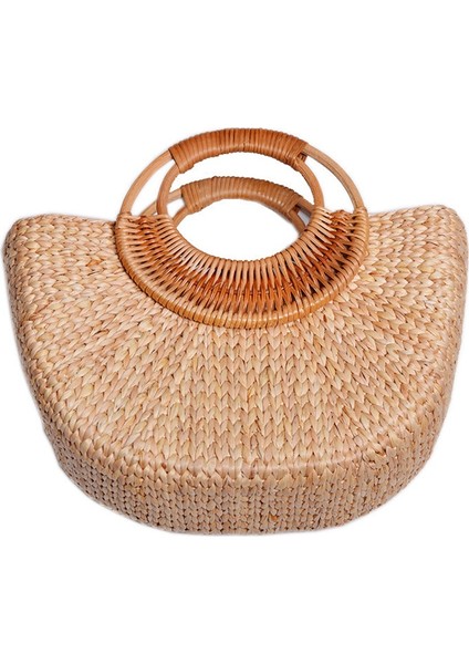 Moda Yarım Ay Rattan Kadın Çanta Bambu Saplı Hasır Dokuma Yaz Plaj Hasır Çanta Sepeti B (Yurt Dışından)