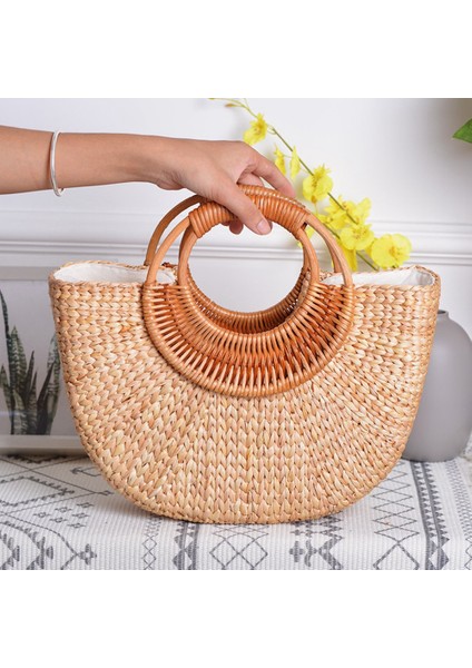 Moda Yarım Ay Rattan Kadın Çanta Bambu Saplı Hasır Dokuma Yaz Plaj Hasır Çanta Sepeti B (Yurt Dışından)