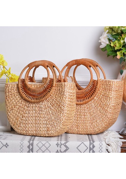 Moda Yarım Ay Rattan Kadın Çanta Bambu Saplı Hasır Dokuma Yaz Plaj Hasır Çanta Sepeti B (Yurt Dışından)