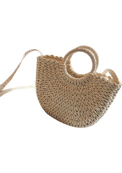 Yeni Yaz Kadın El Yapımı Plaj Çantası Rahat Kadın Örgü Hasır Çanta Crossbody Bej (Yurt Dışından)