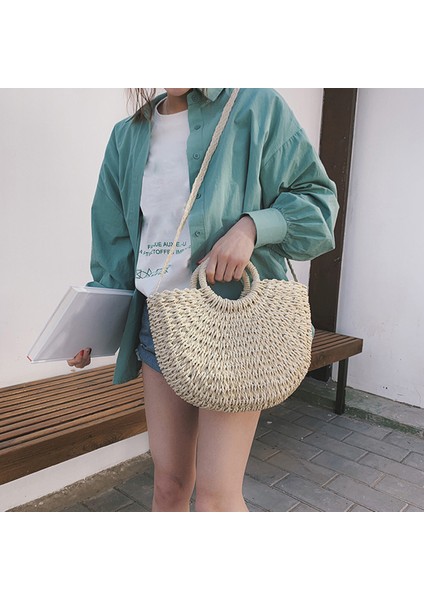 Yeni Yaz Kadın El Yapımı Plaj Çantası Rahat Kadın Örgü Hasır Çanta Crossbody Bej (Yurt Dışından) fırsatları