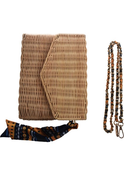 Moda Rattan Hasır Çanta Kadın Plaj Crossbody Yaz Eşarp Çanta Bayanlar Bohem Tarzı Omuz Çantası Zincir Flap (Bej) (Yurt Dışından) modelleri
