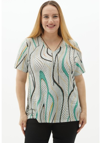 Büyük Beden Aksesuarlı Piton Desen Penye Bluz indirimleri