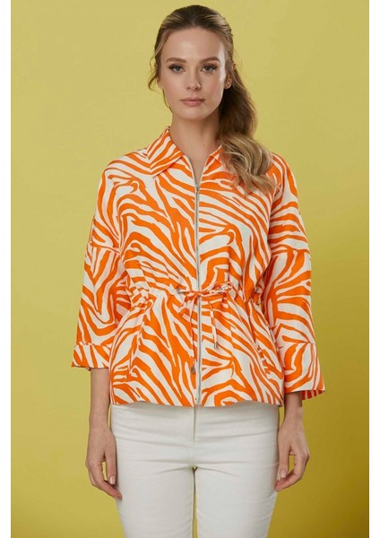 Şömiziye Yaka Fermuarlı Zebra Desen Ceket