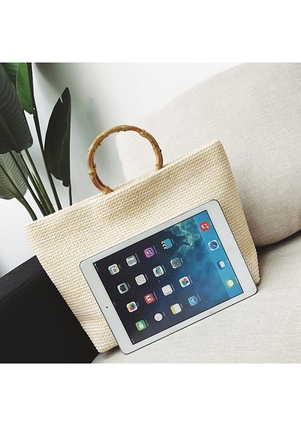 Avrupa ve Amerikan Tarzı El Dokuma Hasır Çanta Lafite Omuz Taşınabilir Çanta Seyahat Plaj Dokuma Çanta (Haki) (Yurt Dışından) fırsatları