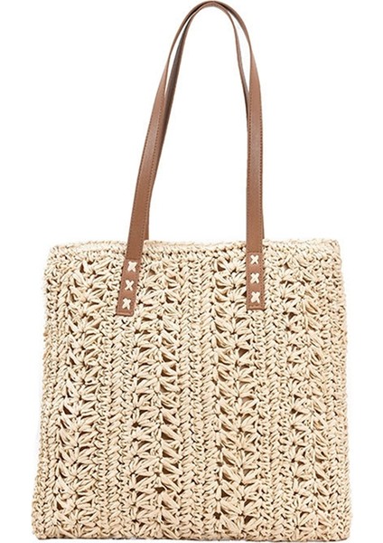 Yüksek Kapasiteli Büyük Yaz Hasır Çanta Basit Moda Seyahat Bayan Omuz Çantaları Üst Kolu Renk: Bej (Yurt Dışından)