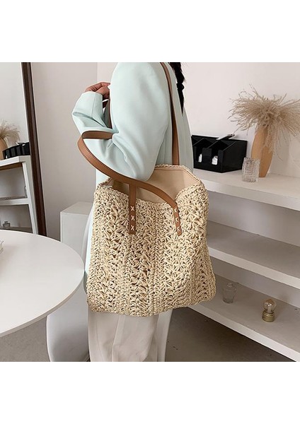 Yüksek Kapasiteli Büyük Yaz Hasır Çanta Basit Moda Seyahat Bayan Omuz Çantaları Üst Kolu Renk: Bej (Yurt Dışından) modelleri