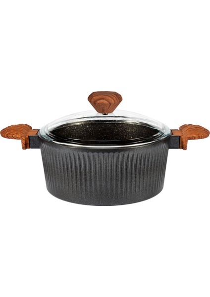 Premium Bio Granit Alüminyum Döküm Nisch Tencere (Siyah-Koyu Ahşap Kulp)