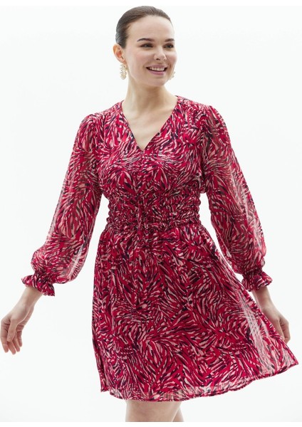 V Yaka Kolu Lastikli Belden Bağlama Emprime Elbise fiyatları