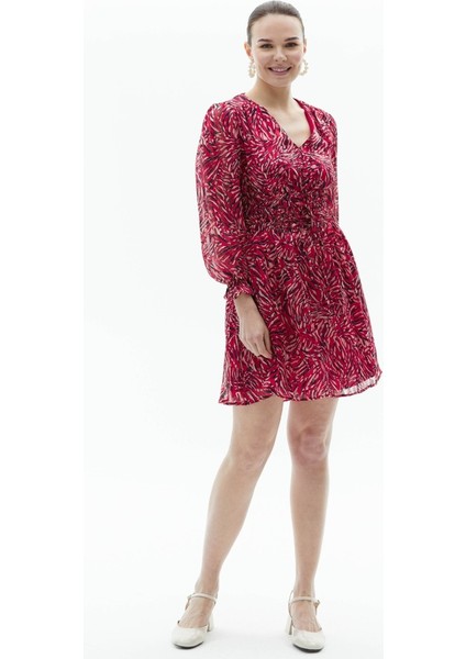 V Yaka Kolu Lastikli Belden Bağlama Emprime Elbise modelleri