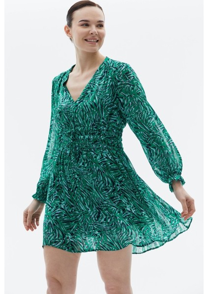 V Yaka Kolu Lastikli Belden Bağlama Emprime Elbise indirimleri