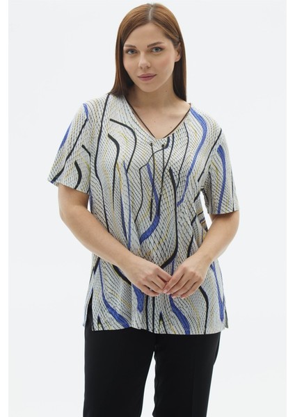 Büyük Beden Aksesuarlı Piton Desen Penye Bluz