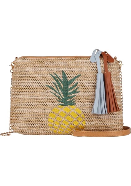 Kadın Saman Omuz Çantaları Nakış Fermuar Çanta Yaz Plaj Bohemian Crossbody Ananas (Yurt Dışından)