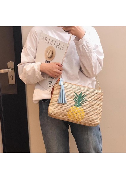 Kadın Saman Omuz Çantaları Nakış Fermuar Çanta Yaz Plaj Bohemian Crossbody Ananas (Yurt Dışından) modelleri