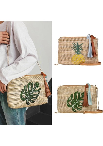 Kadın Saman Omuz Çantaları Nakış Fermuar Çanta Yaz Plaj Bohemian Crossbody Ananas (Yurt Dışından) fırsatları