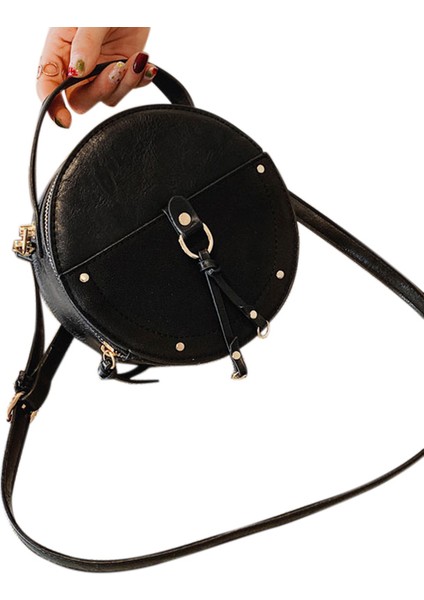 Vintage Fırçalama Deri Yuvarlak Crossbody Çanta Kadınlar Için Pu Omuz Çantaları Bayanlar Küçük Çanta Mini Tote Çanta (Siyah) (Yurt Dışından)