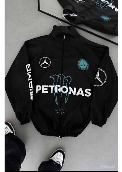 Unisex Paraşüt Kumaş Oversize Dijital Baskılı Siyah Rüzgarlık Yağmurluk