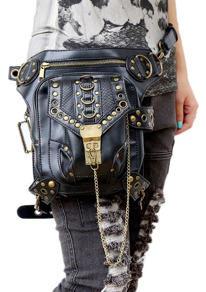 Retro Punk Bacak Çantası Açık Bisiklet Motosiklet Bisiklet Yürüyüş Fanny Paketi Kalça/uyluk Yardımcı Çanta Omuz Crossbody Siyah (Yurt Dışından)