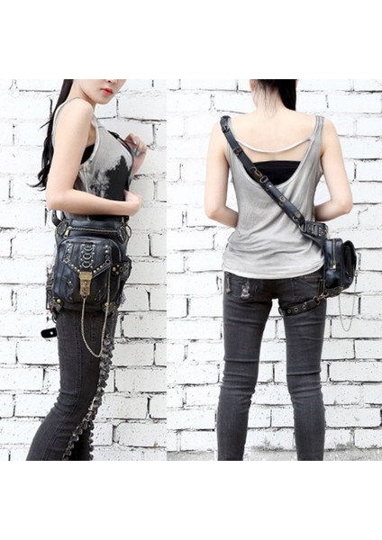 Retro Punk Bacak Çantası Açık Bisiklet Motosiklet Bisiklet Yürüyüş Fanny Paketi Kalça/uyluk Yardımcı Çanta Omuz Crossbody Siyah (Yurt Dışından) modelleri