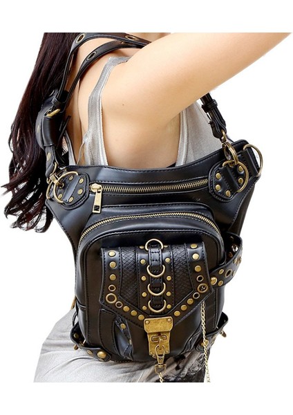 Retro Punk Bacak Çantası Açık Bisiklet Motosiklet Bisiklet Yürüyüş Fanny Paketi Kalça/uyluk Yardımcı Çanta Omuz Crossbody Siyah (Yurt Dışından) fırsatları