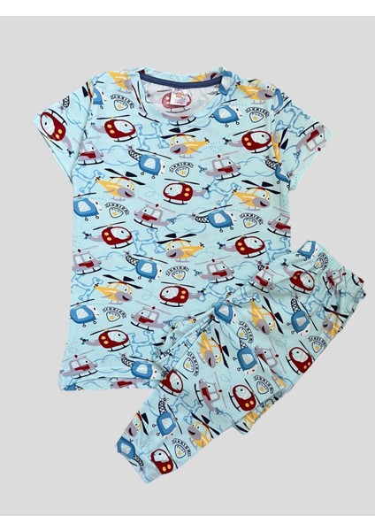 Elmas Kids Erkek Çocuk %100 Pamuklu Helikopter Desenli  Kısa Kollu Yazlık Pijama Takımı