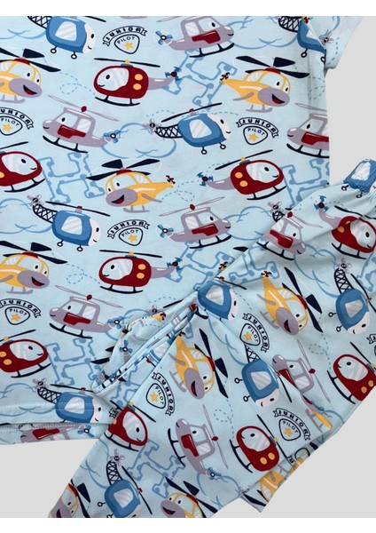 Elmas Kids Erkek Çocuk %100 Pamuklu Helikopter Desenli  Kısa Kollu Yazlık Pijama Takımı