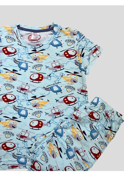 Elmas Kids Erkek Çocuk %100 Pamuklu Helikopter Desenli  Kısa Kollu Yazlık Pijama Takımı