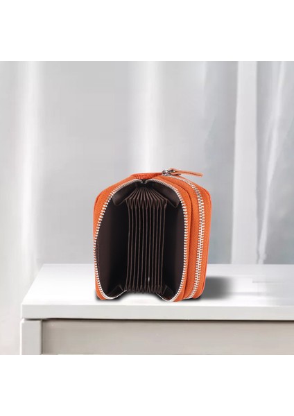 Deri Organ Kartı Çoklu Kart Bit Paketi Çift Fermuarlı Sığır Derisi Çanta (Yurt Dışından)