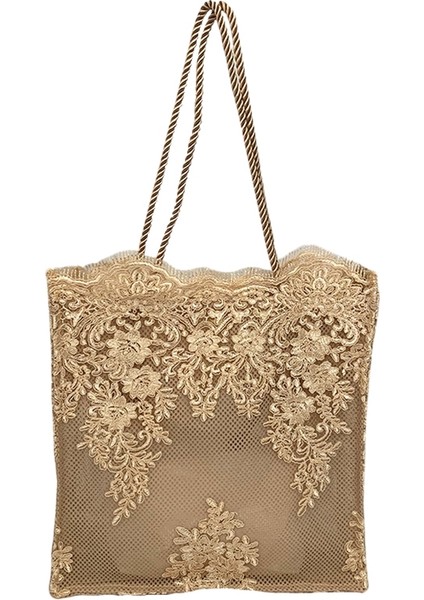 Dantel Kadın Omuzdan Askili Çanta Moda Retro Nakış Içi Boş Saman Eğlence Büyük Kapasiteli Plaj Tote Çanta Haki (Yurt Dışından)