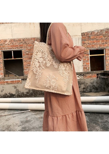 Dantel Kadın Omuzdan Askili Çanta Moda Retro Nakış Içi Boş Saman Eğlence Büyük Kapasiteli Plaj Tote Çanta Haki (Yurt Dışından) fiyatları