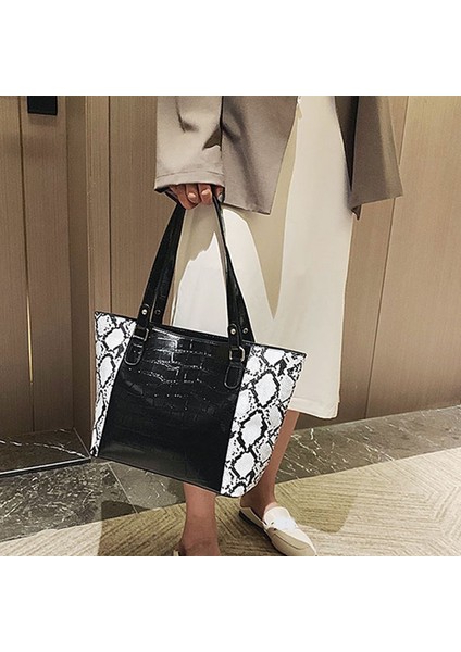 Kadın Pu Deri Çanta Moda Yılan Derisi Desenli Çanta Büyük Kapasiteli Tote Rahat Beyaz (Yurt Dışından)