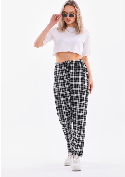 Ekose Baskılı Penye Pamuklu Siyah Unisex Relaxed Pijama Altı