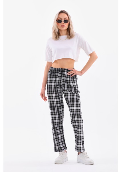 Ekose Baskılı Penye Pamuklu Siyah Unisex Relaxed Pijama Altı