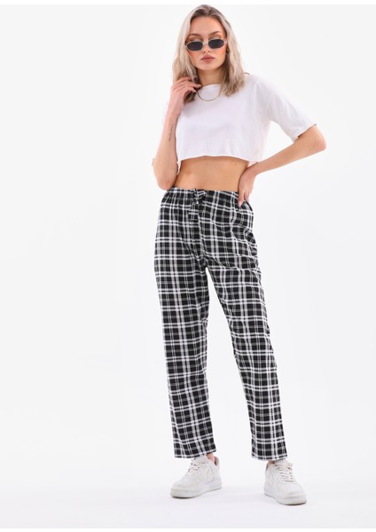 Ekose Baskılı Penye Pamuklu Siyah Unisex Relaxed Pijama Altı