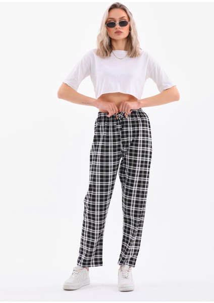 Ekose Baskılı Penye Pamuklu Siyah Unisex Relaxed Pijama Altı