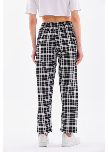 Ekose Baskılı Penye Pamuklu Siyah Unisex Relaxed Pijama Altı