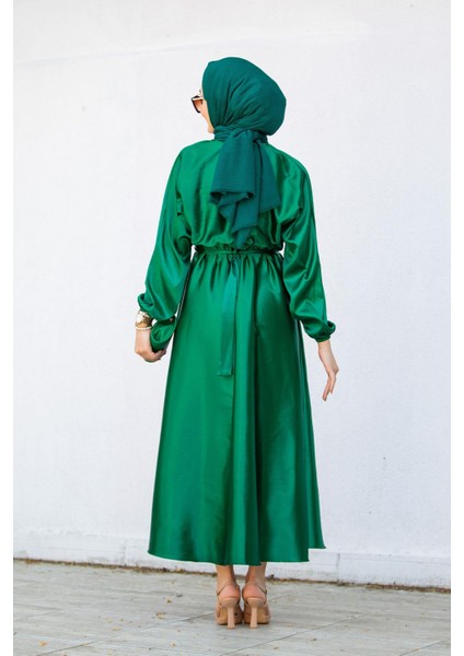 Nude Saten Mevlana Tesettür Abiye-Zümrüt modelleri