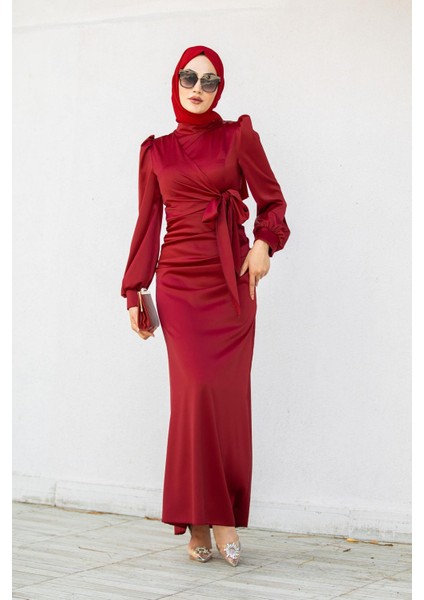 Nesy Kruvaze Robalı Saten Abiye-Bordo
