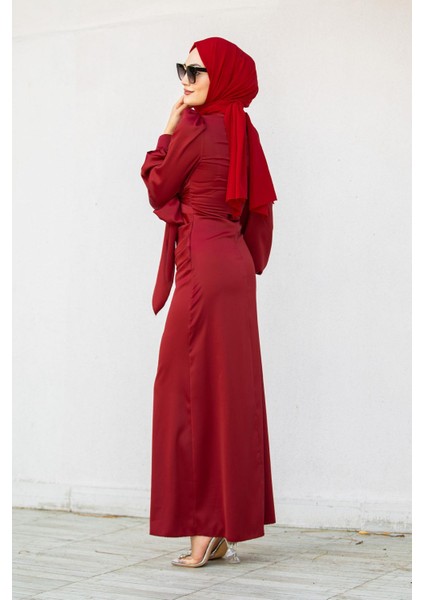 Nesy Kruvaze Robalı Saten Abiye-Bordo