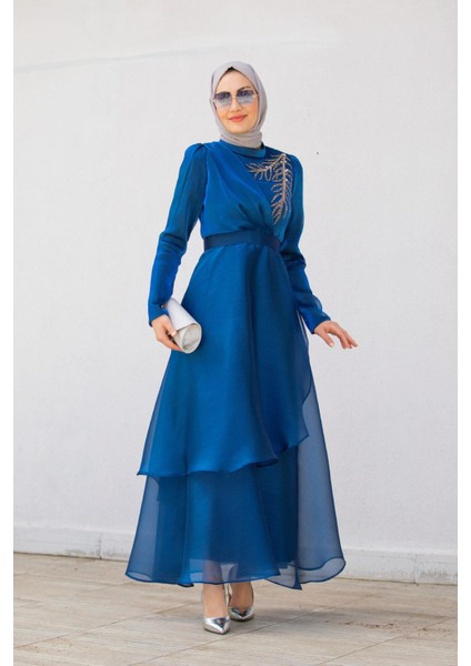 Taş Detaylı Organze Abiye Elbise-Gecemavisi