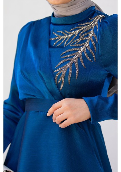 Taş Detaylı Organze Abiye Elbise-Gecemavisi fiyatları