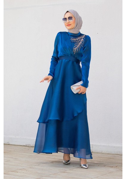 Taş Detaylı Organze Abiye Elbise-Gecemavisi fırsatları