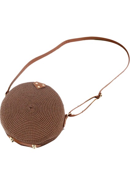 El Dokuma Çanta Yuvarlak Tokalı Rattan Hasır Evrak Çantası Boho Plaj Koyu Kahve (Yurt Dışından)