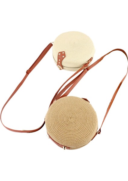 El Dokuma Çanta Yuvarlak Tokalı Rattan Hasır Evrak Çantası Boho Plaj Koyu Kahve (Yurt Dışından)